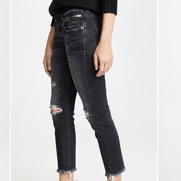 R13 Biker Boy Jeans in Albany Washed Black w Rips Cropped Skinny Straight - Picture 2 of 10